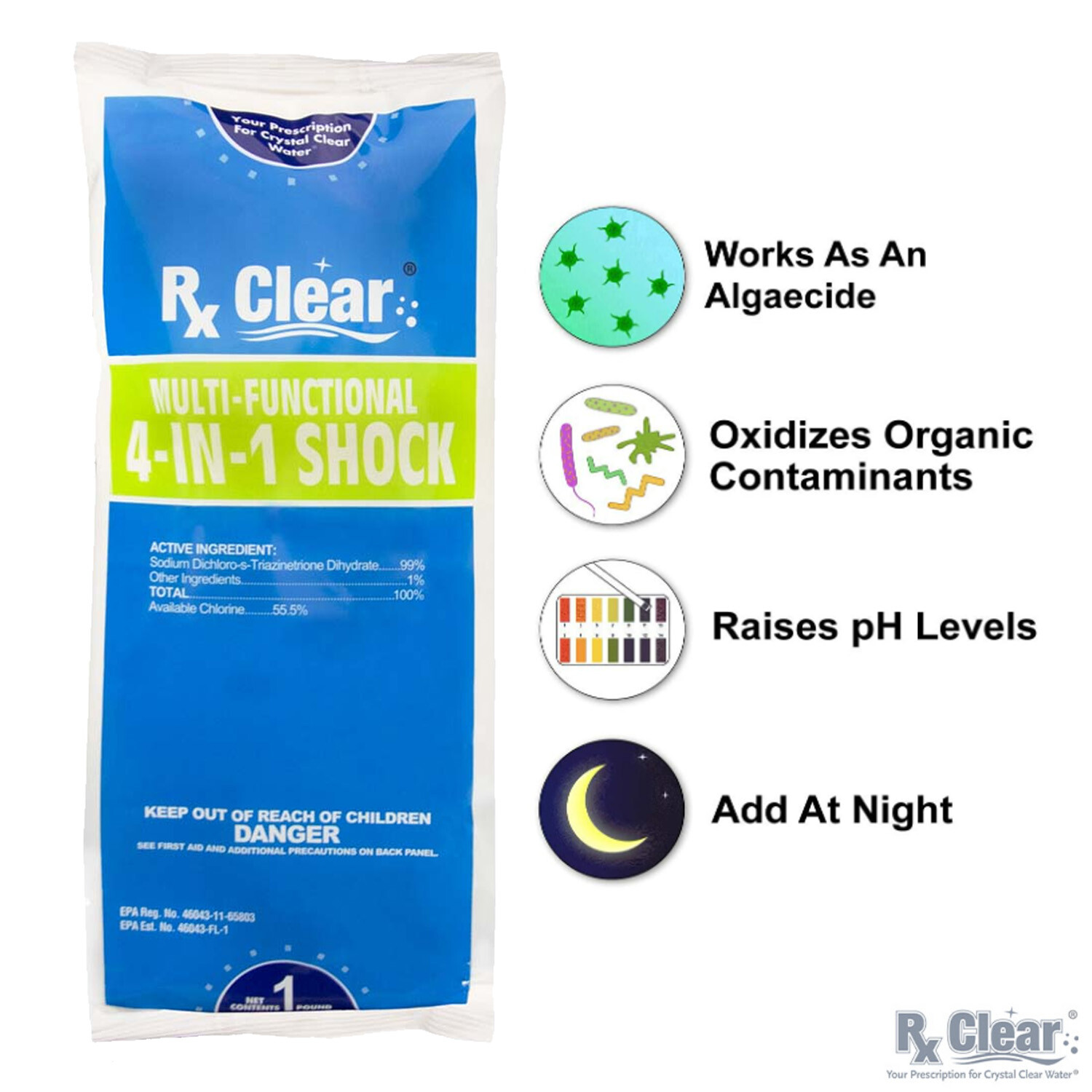 Rx Clear Multi-Functional 4-in-1 Swimming Pool Shock 1 lb - (Choose Quantity) gallery
