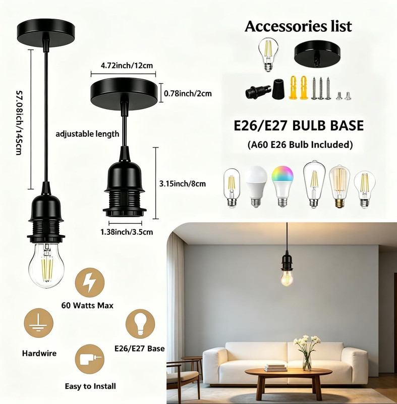 Black Pendant Light Kit Industrial, E26 Lamp Socket Adjustable Hanging Pendant L gallery