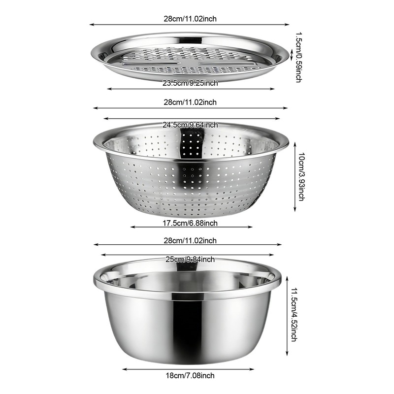 3Pack Multi-Functional Stainless Steel Shredding & Drainage Basin W/ Grating Lid gallery