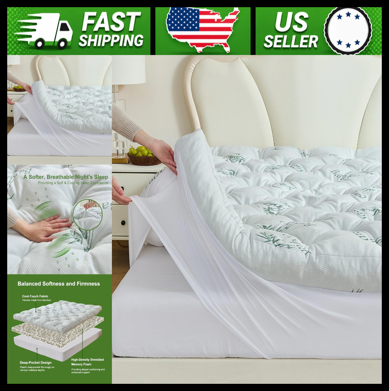 Whatsbedding 5 Inch Memory Foam Mattress Topper Cooling Bamboo Cover gallery