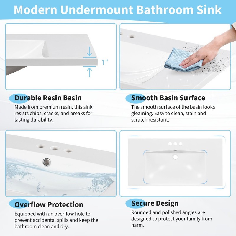 36x18" Rectangular 3 Hole Bathroom Resin Sink, Vanity Top Sink Only gallery