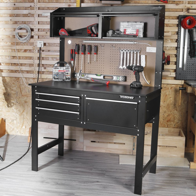 GARAGE WORKBENCH CABINET COMBO 4-Ft with Light and Tool Pegboard, Steel, Wood gallery