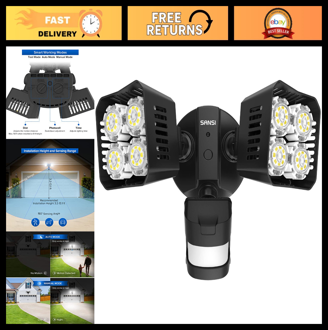 30W LED Security Motion Sensor Outdoor Lights, 3400lm Waterproof Floodlight, 500 gallery