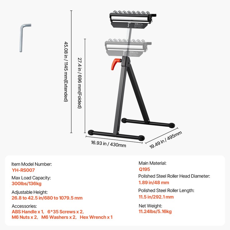 Folding Roller Stand Max Load 300 lb Adjustable 26.8-42.5 in for Woodworking gallery