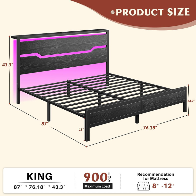King Size Bed Frame with LED Lights & Charging Station, King Bed Frame and Headb gallery