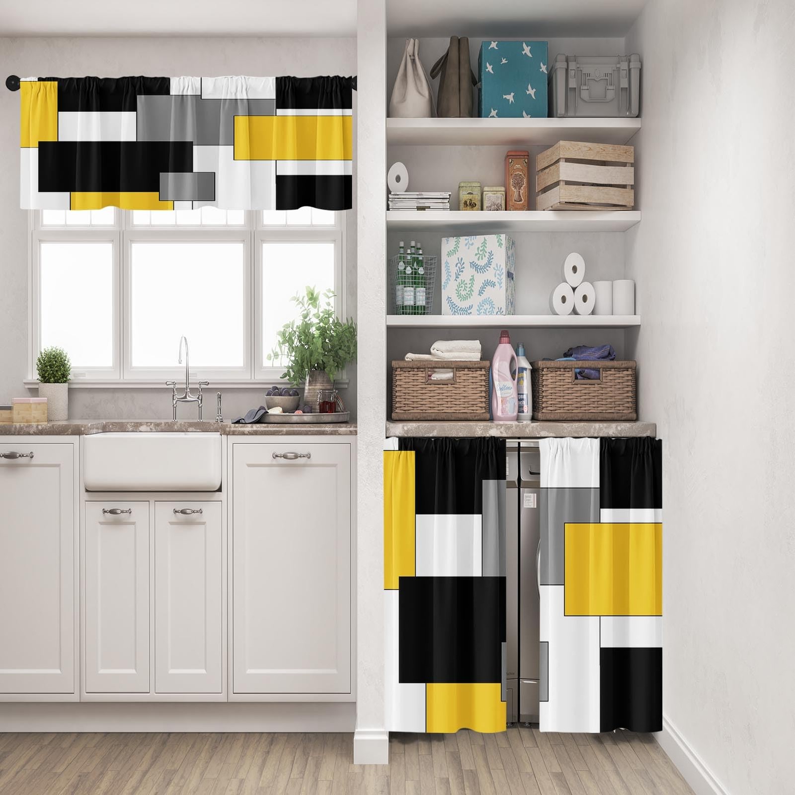 Yellow Kitchen Window Curtains Valance And Tier Set Black Grey White Modern Rod gallery