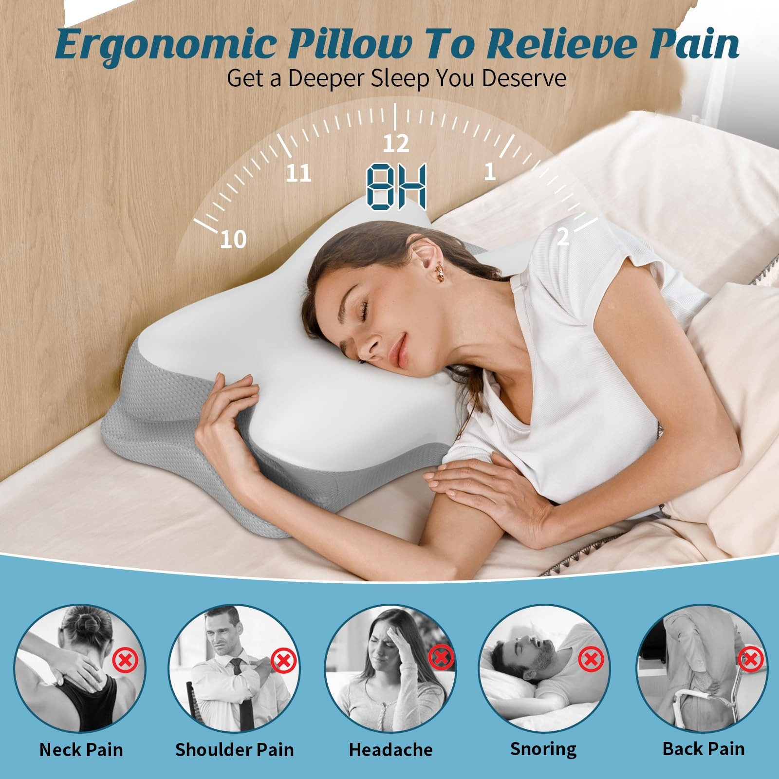 Ergonomic Neck Pillow, Memory Foam Contour, Pain Relief For Sleepers, Grey gallery