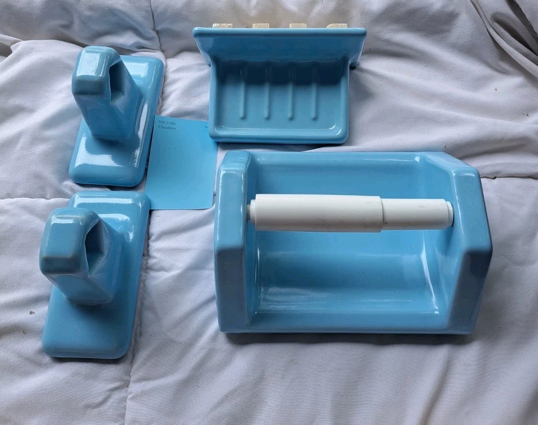 Vtg 4 pc. MCM Ceramic Bathroom Porcelain Accessory Set Bright Blue SW Cloudless gallery