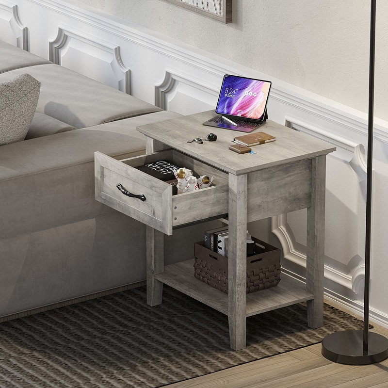 Rustic Grey Nightstand With A Storage Drawer And Shelves Wooden Side Table New gallery