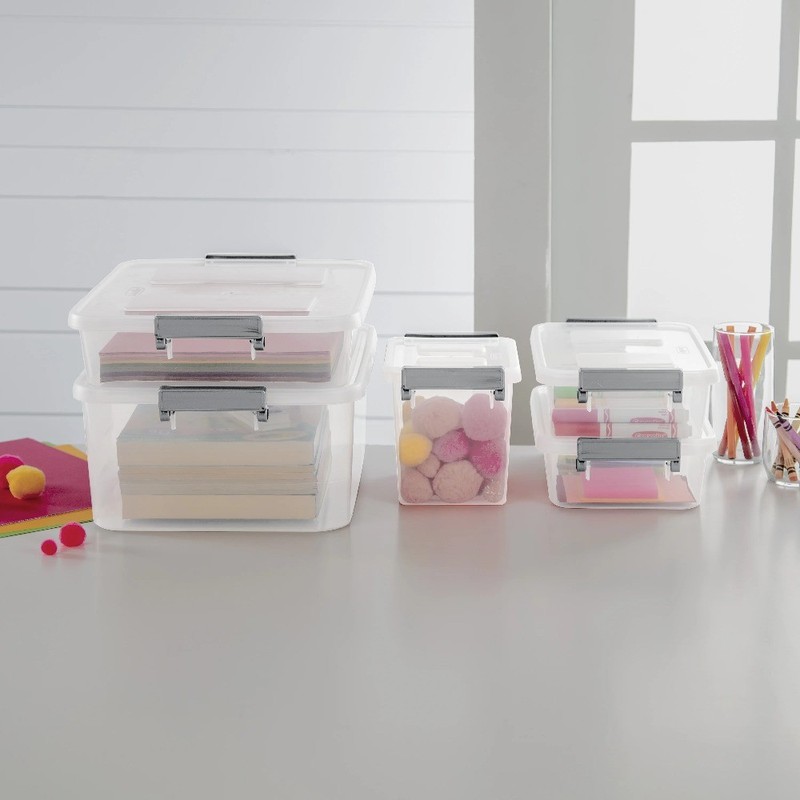 Sterilite 6.2 Qt Modular Small Storage Bin, 4-Pack, Clear Plastic,ID Latch,Gray​ gallery