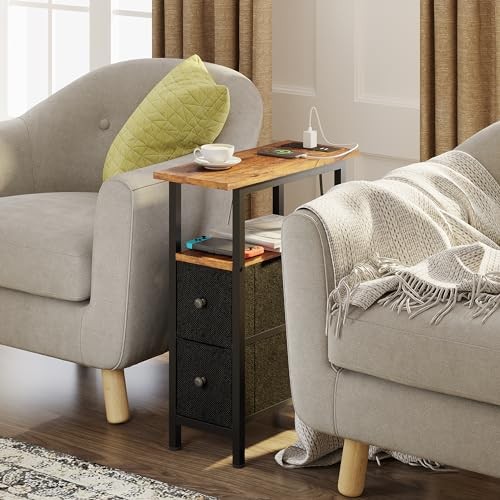 End Table with Charging Station, Narrow Side 2 Drawers 1 Rustic Brown + Black gallery