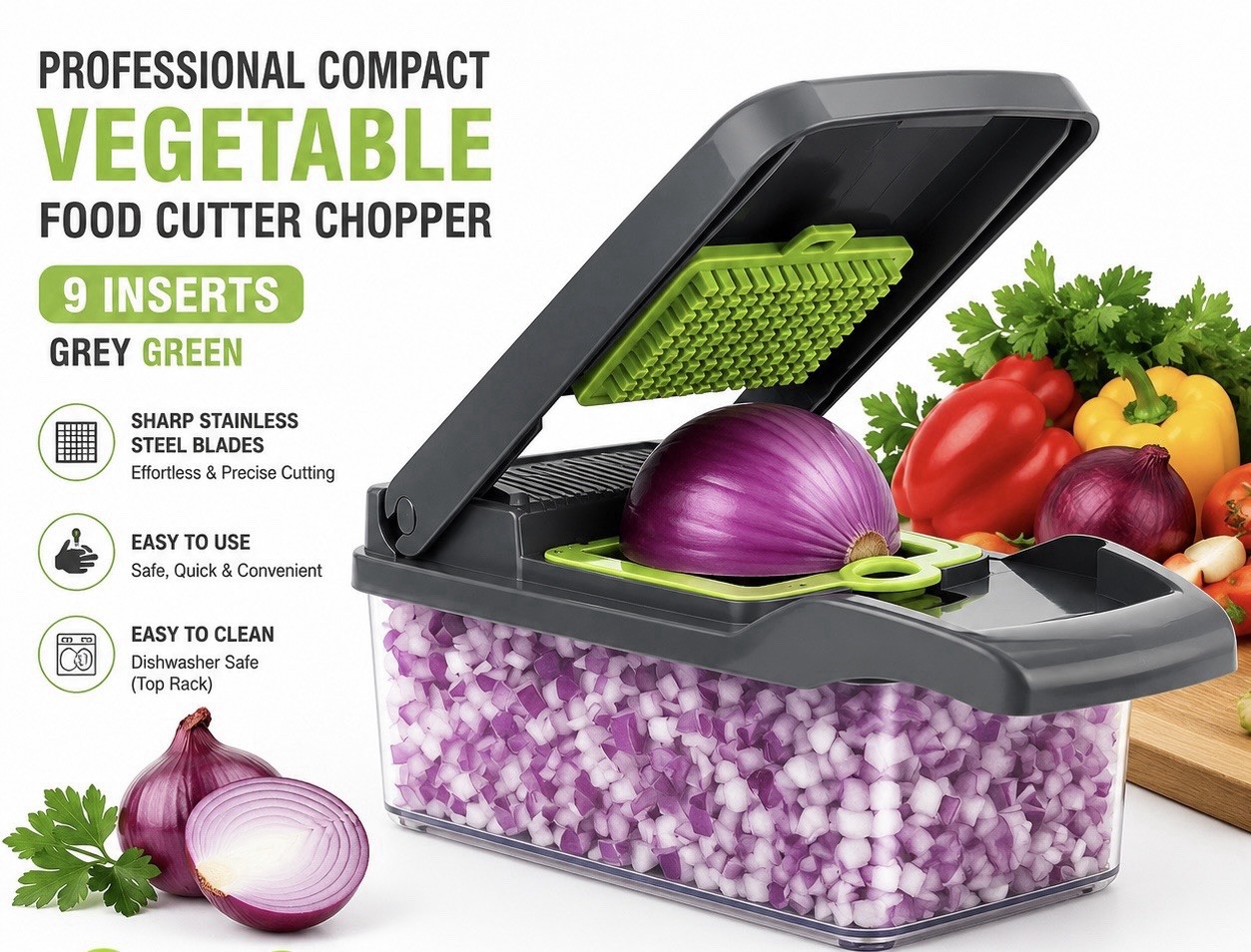 Professional Compact Vegetable Food Cutter Chopper (9 Inserts) Grey Green gallery