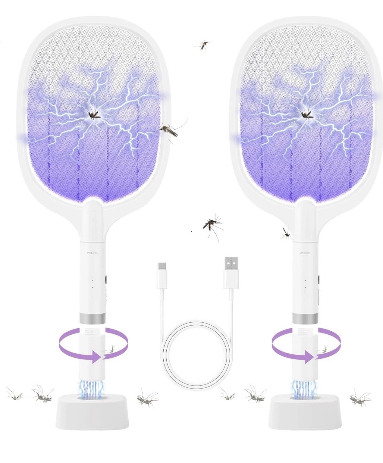 2pcs Electric Fly Swatter Rechargeable Bug Zapper Racket Handheld&Auto Zap Mode gallery