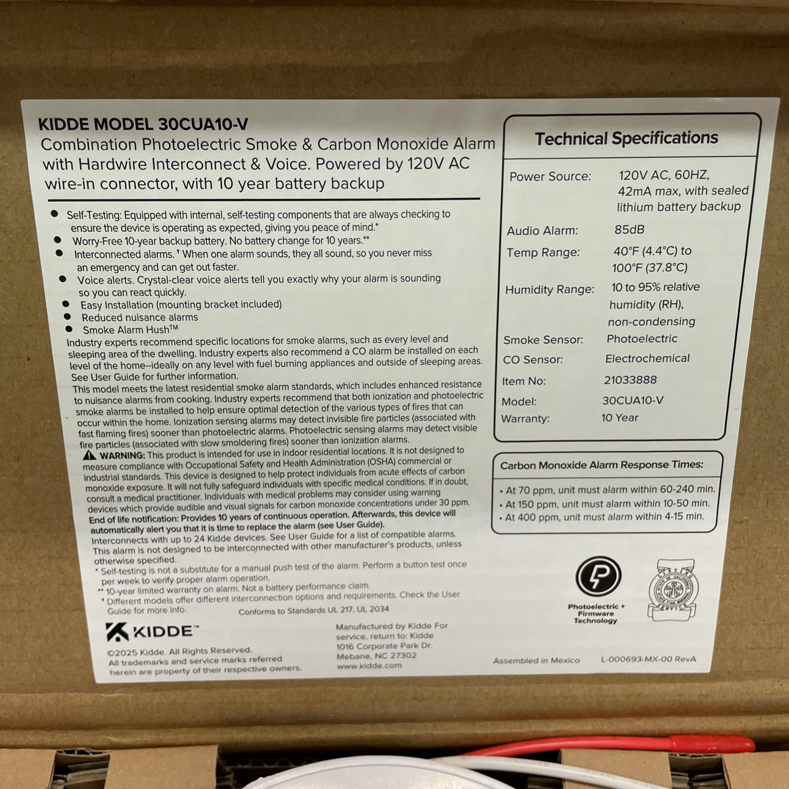 3 PACK - Kidde Hardwired Smoke & Carbon Monoxide Detector, 10 Year - 30CUA10-V gallery
