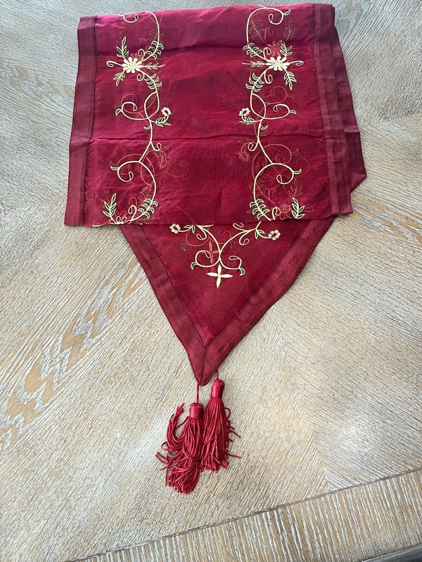 Table Runner Burgundy Embroidered Beaded Silk 84”X 15” With Tassels gallery