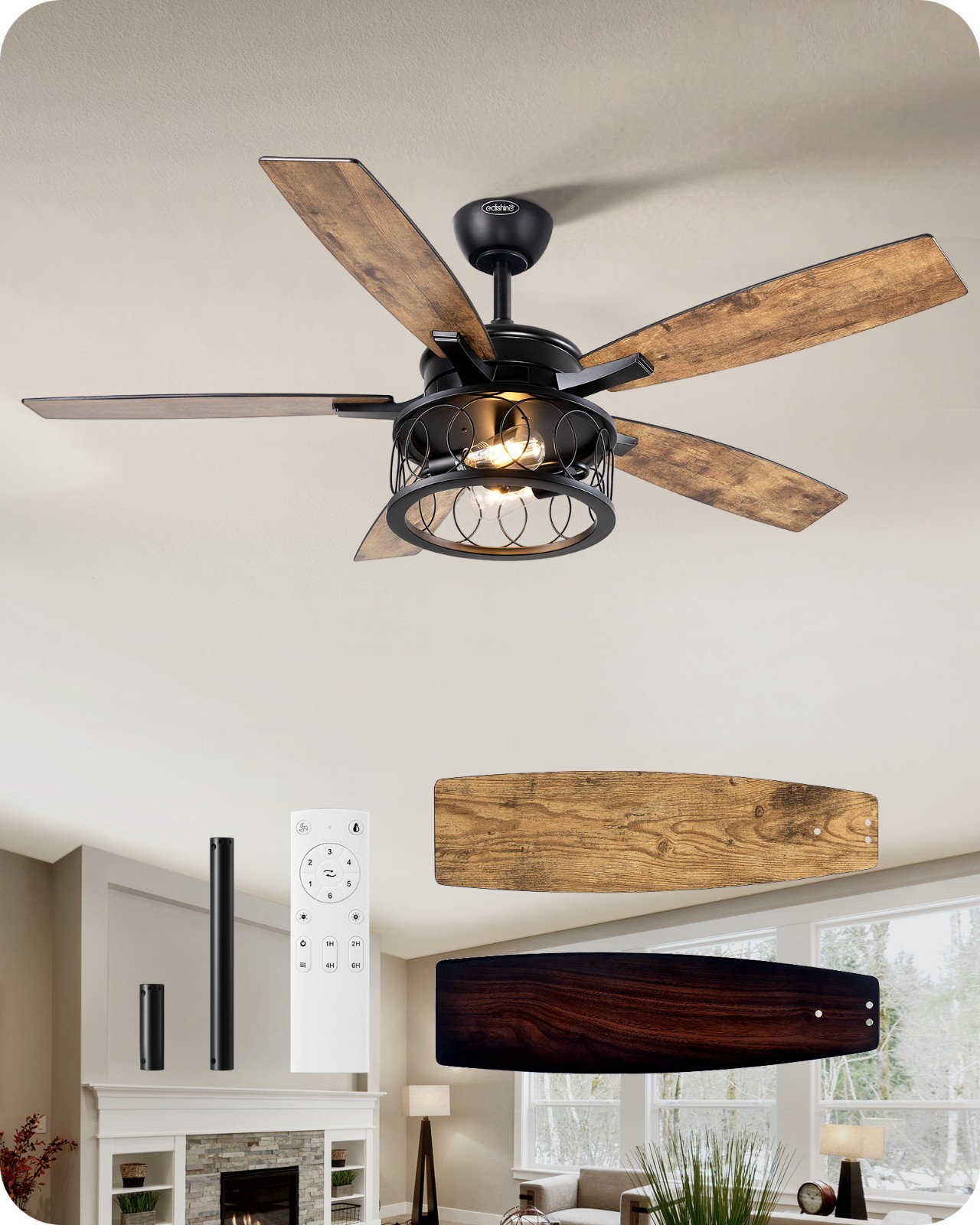 EDISHINE Farmhouse Ceiling Fans w/ Lights & Remote,6 Speeds Reversible DC Motor gallery