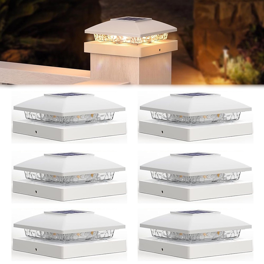 6x White Outdoor Waterproof Solar Post Deck Fence Cap 4x4 Bright LED Warm Light gallery
