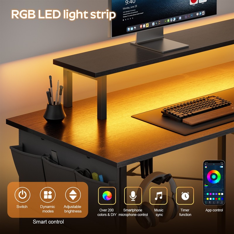 L Shaped Computer Desk with LED Light & Power Outlets, Corner Desk with Side Bag gallery