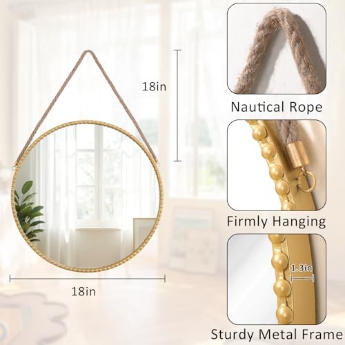 Circle Hanging Mirror Metal Framed Modern Wall 18"L x 18"W Bead & Gold gallery