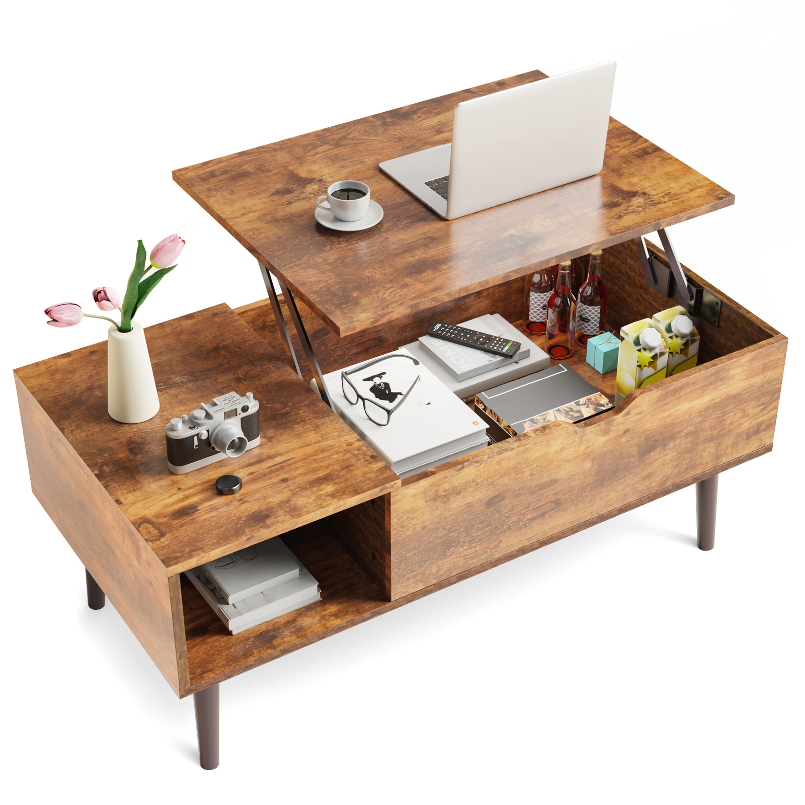 Lift Top Coffee Table with Hidden Compartment Storage for Living Room Wooden gallery