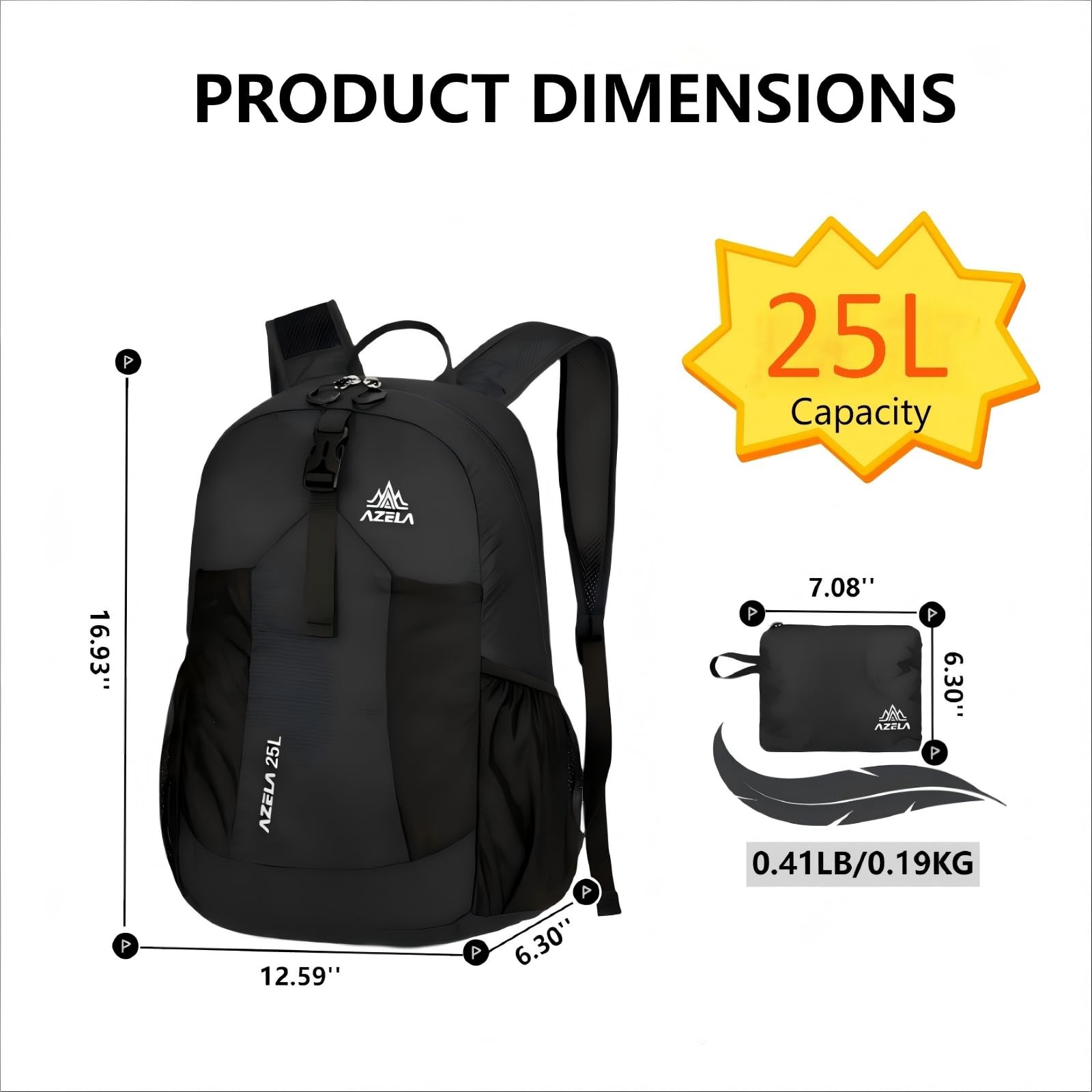 25L Black Lightweight Packable Backpack Foldable Daypack Travel Hiking 4