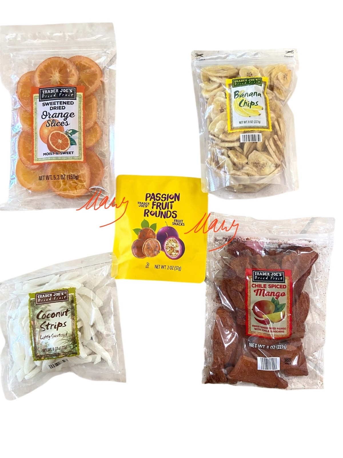 5 Pack Trader Joe's Dried Fruit Mango, Banana, Orange, Passion Fruit, Coconut gallery