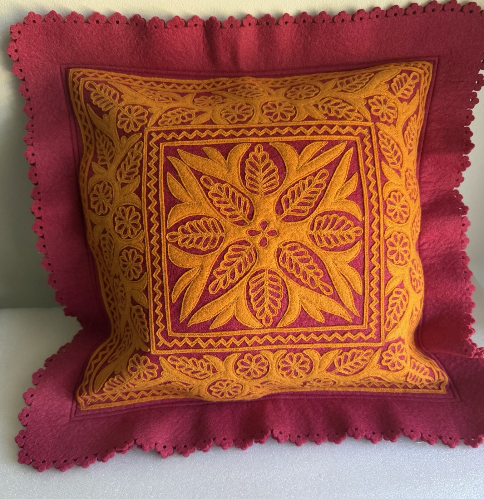 Sandor Hungary Retired NOS Fuchsia Red & Orange Folk Art Wool Pillow Cover 15x16 gallery
