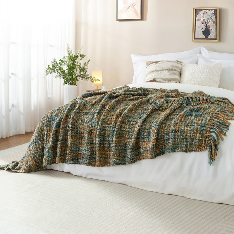 Multi-Color Gold Green Cable Woven Throw Blanket for Couch,50"X60" Boho Style... gallery