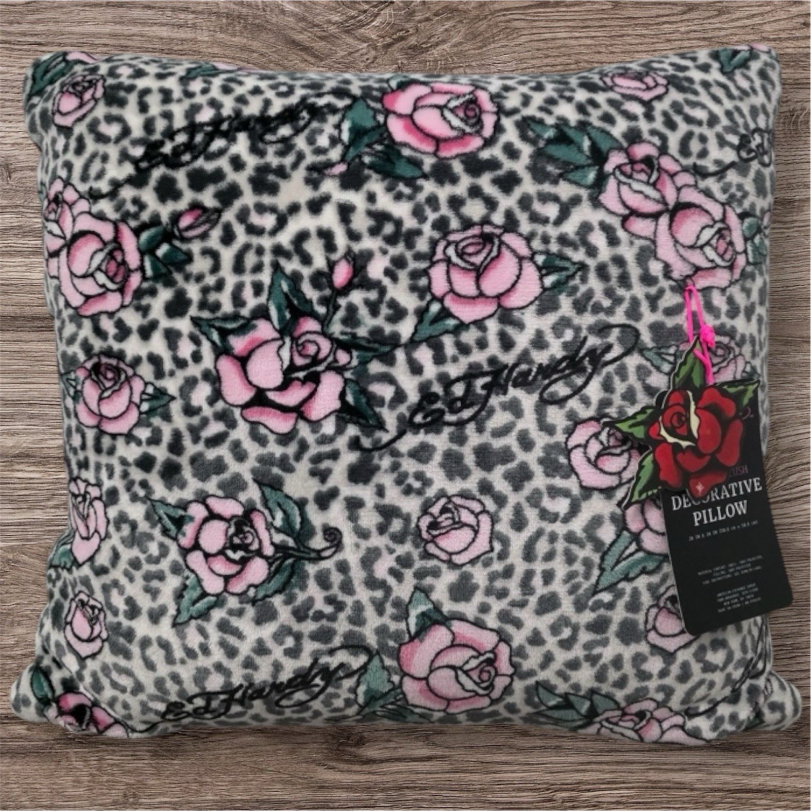 Ed Hardy Y2K Snow Leopard Floral Print Decorative Plush Pillow~Logo & Roses~NWT gallery
