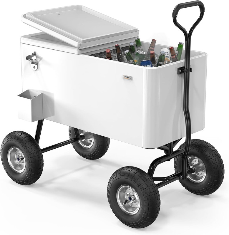 VINGLI 80 Quart Wagon Rolling Cooler Ice Chest, W/Long Handle and 10" Wheels, Po gallery