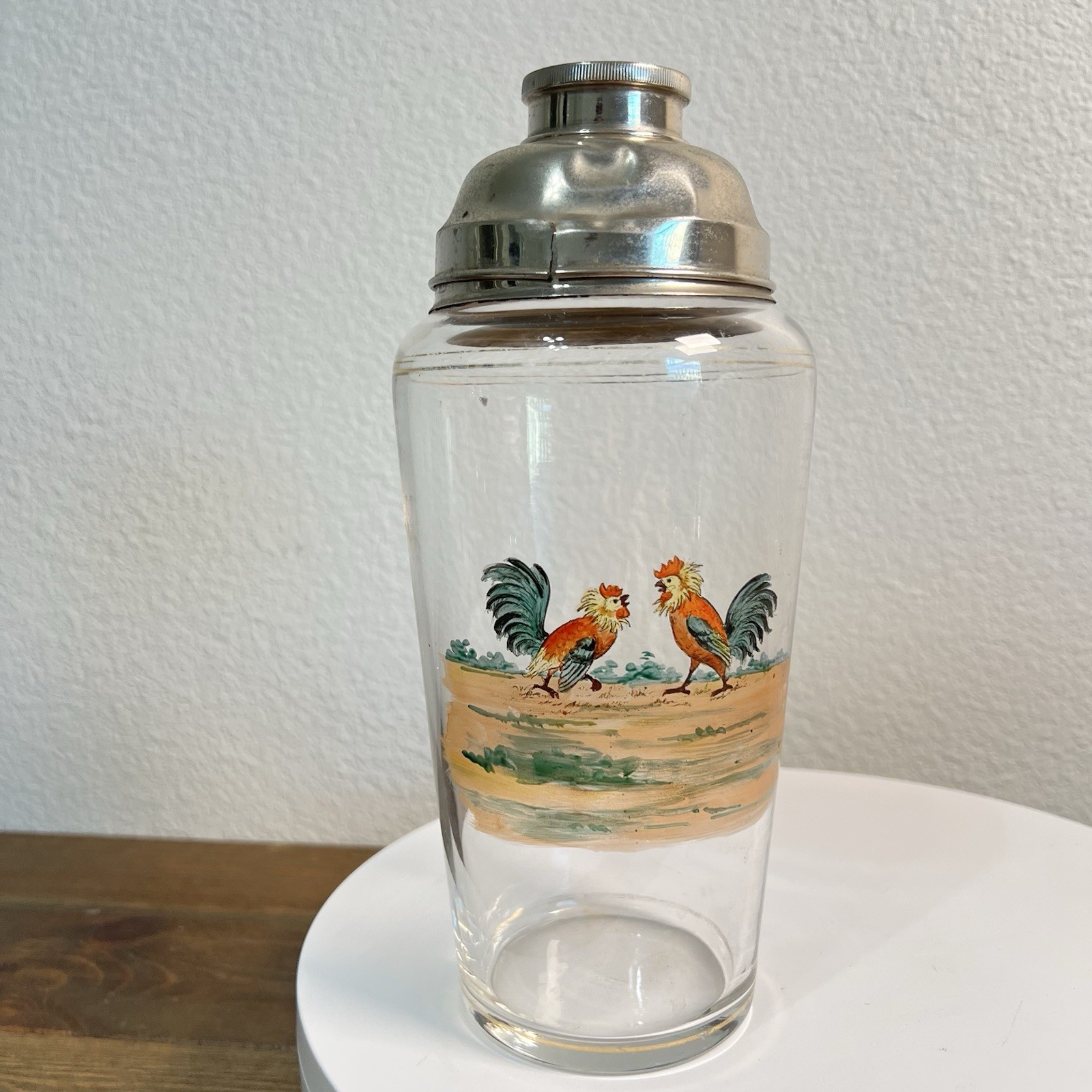 1940s Cocktail Shaker Hand-painted Rooster Silver Plated Vintage Art Deco 9" gallery