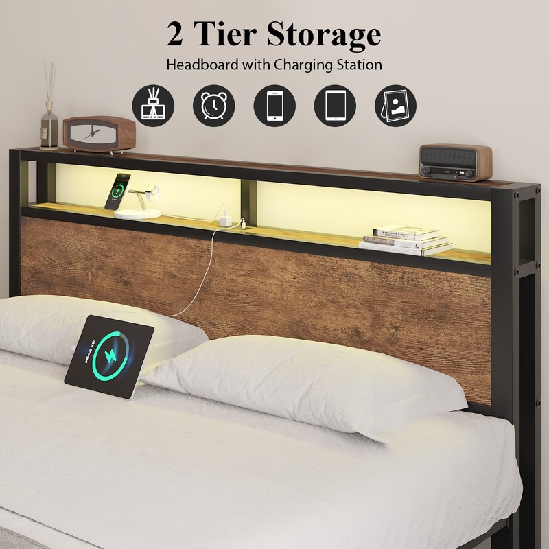 Full Size Bed Frame Heavy Duty Platform Bed with Storage Headboard and LED Light gallery