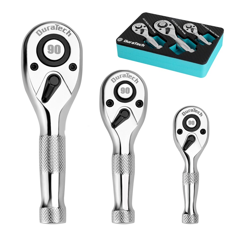 DURATECH 3PCS Stubby Ratchet Wrench Set 1/4" 3/8" 1/2" Dr Socket Wrench 90-Tooth gallery