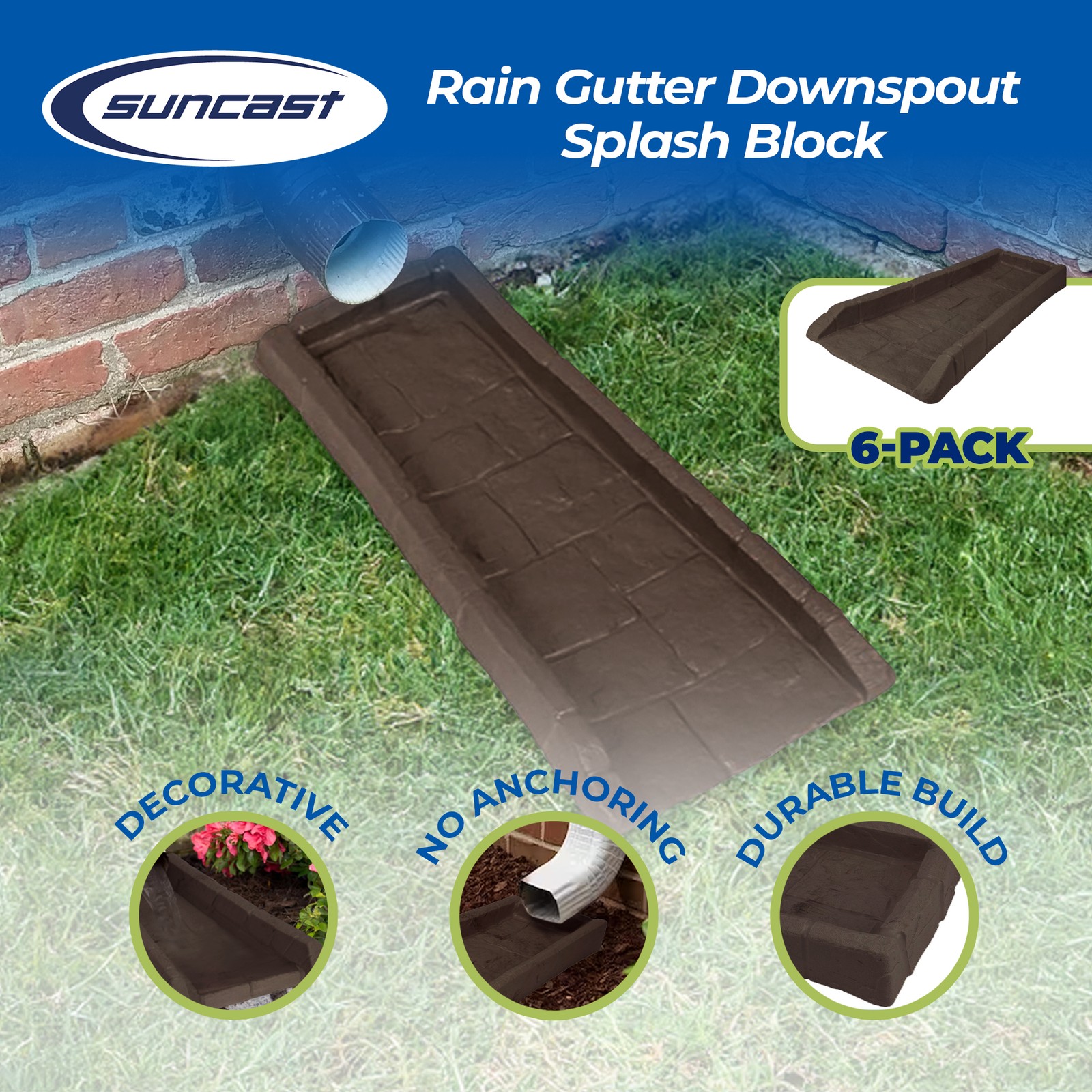 Suncast Outdoor Decorative Rain Gutter Downspout Splash Block, Java (6 Pack) gallery