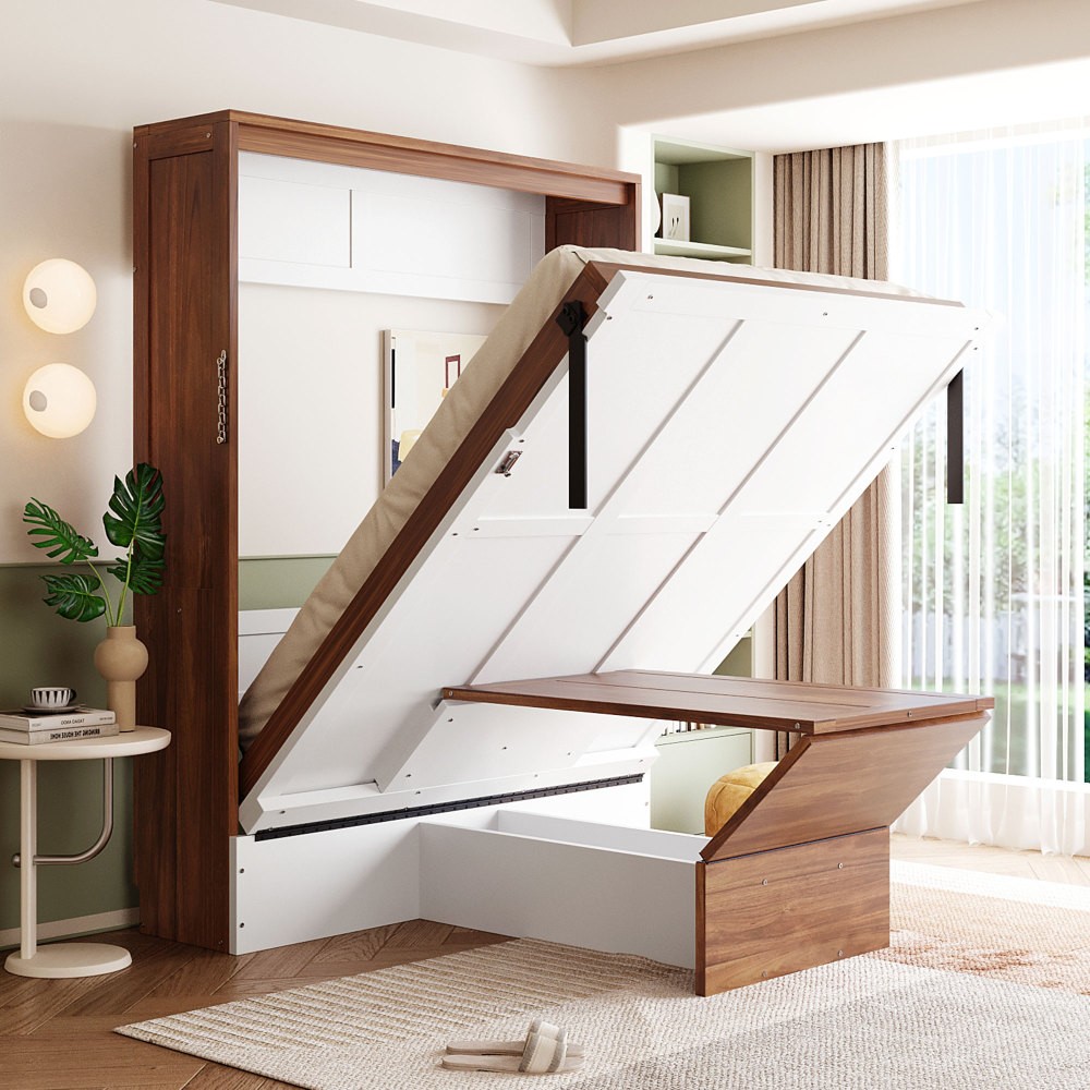 Full Size Murphy Bed Wall Bed with Foldable Desk and Wood Hidden Beds