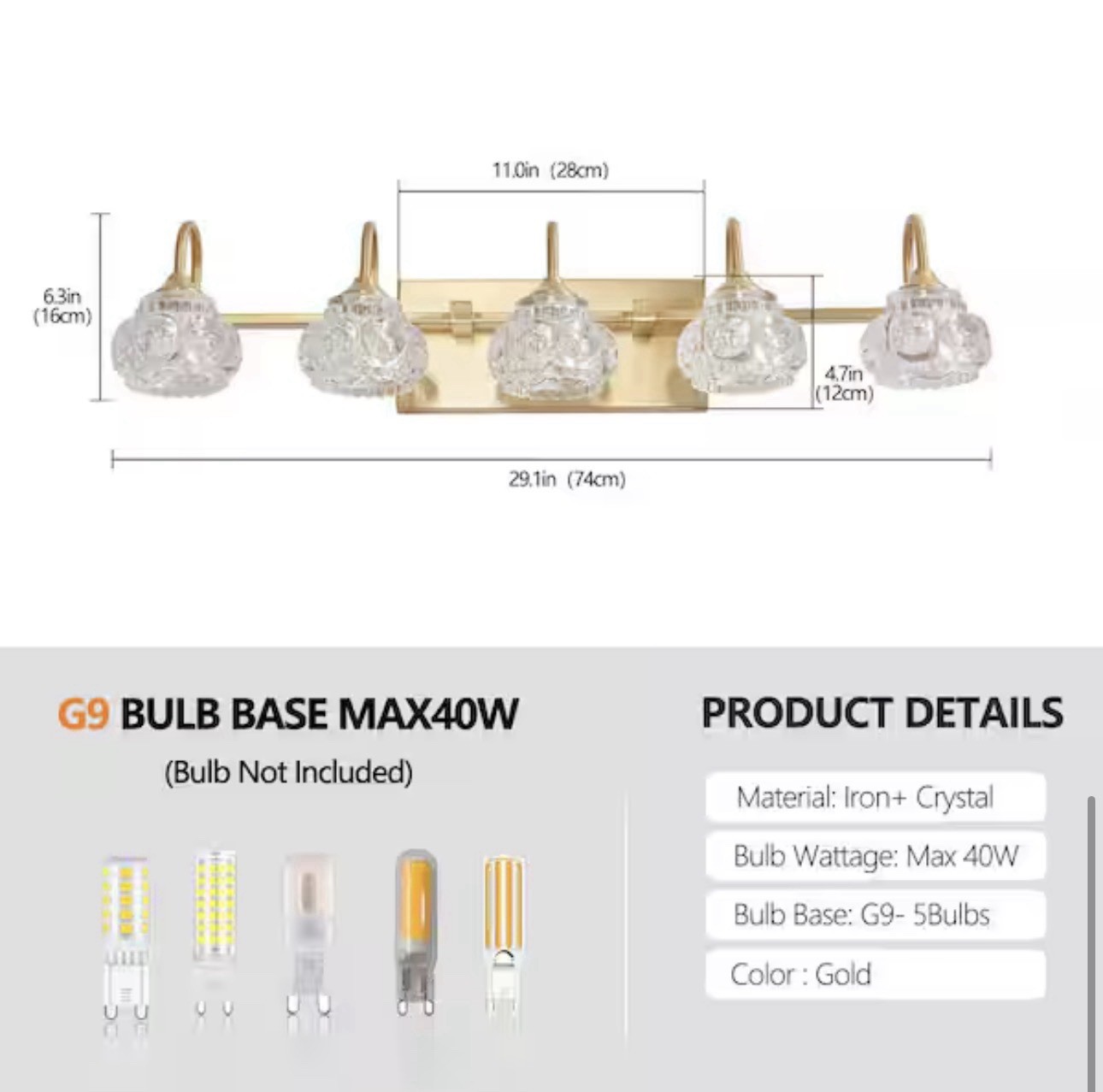 Byteany 29 in. 5-Light Gold Vanity Light with Crystal Glass Shades gallery