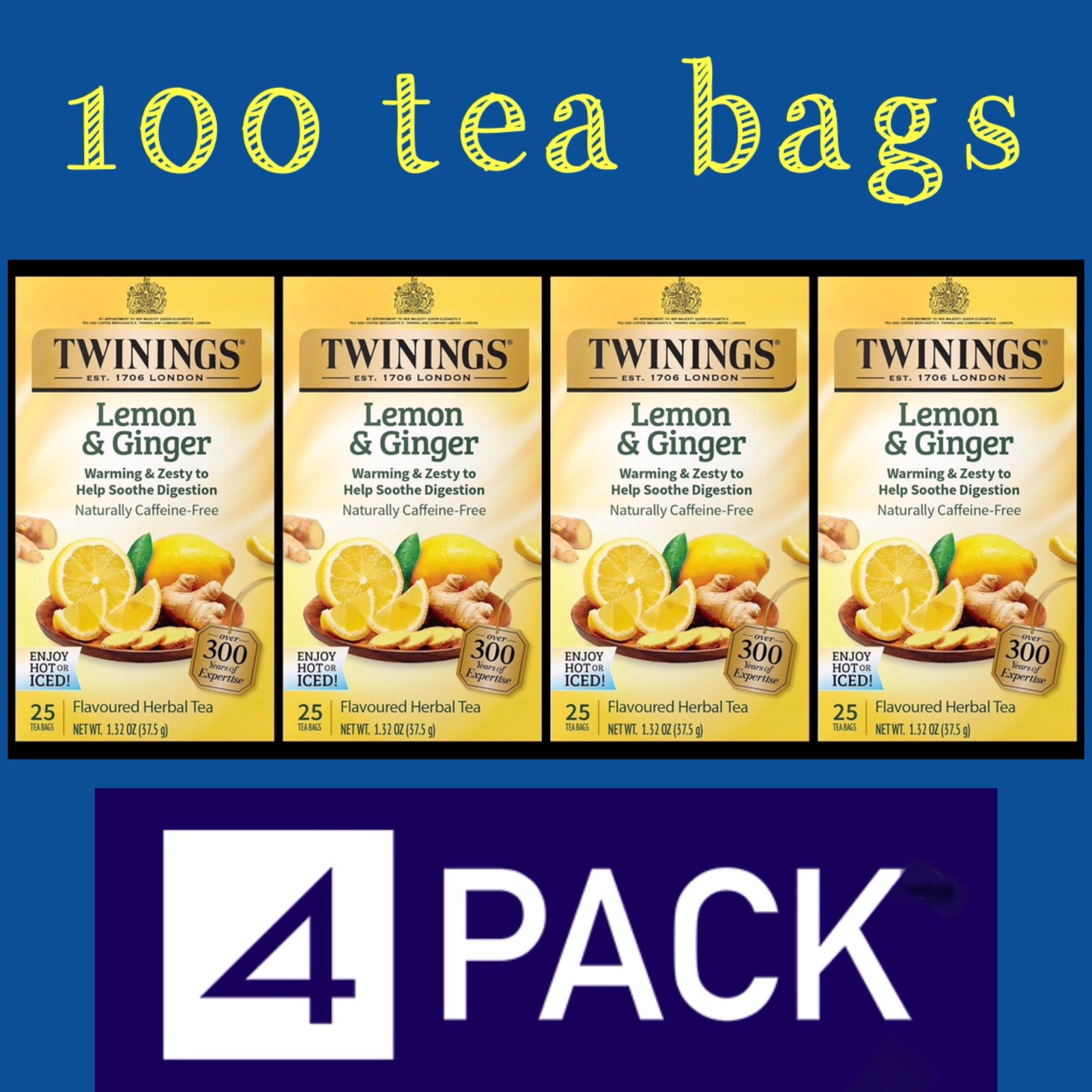 4 Box Twinings Lemon & Ginger Herbal Tea, Caffeine Free 100 Tea Bags 1.32 oz EA gallery