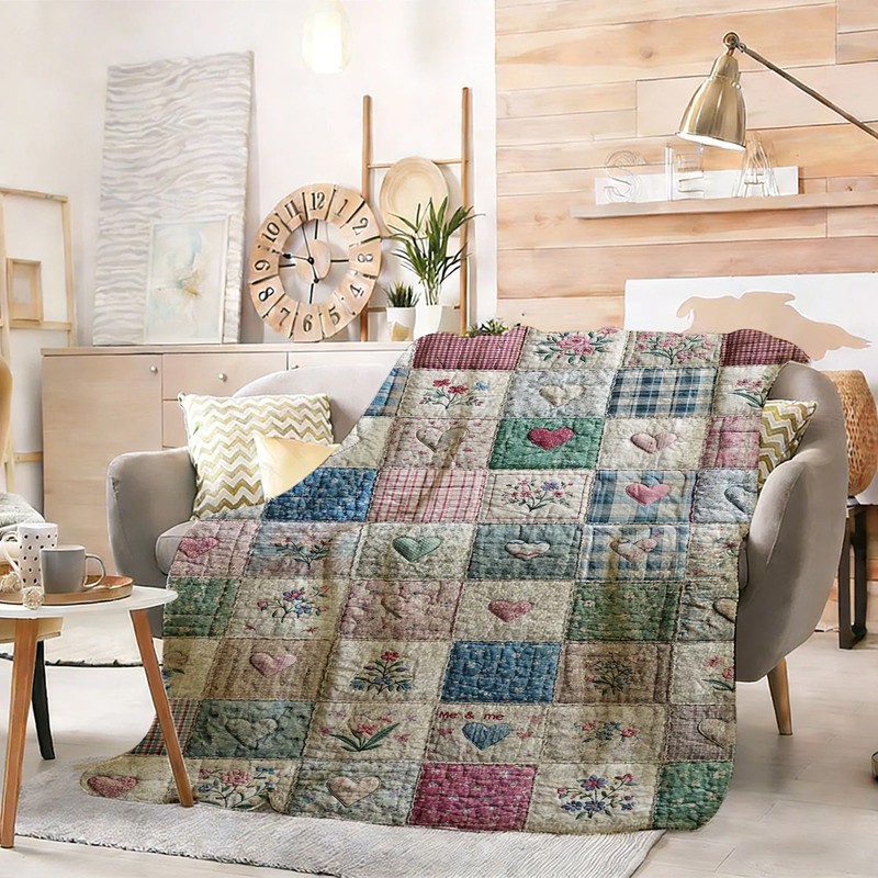 Floral and Heart Patchwork Flannel Blanket Soft Cozy Tapestry Napping Travel Use gallery
