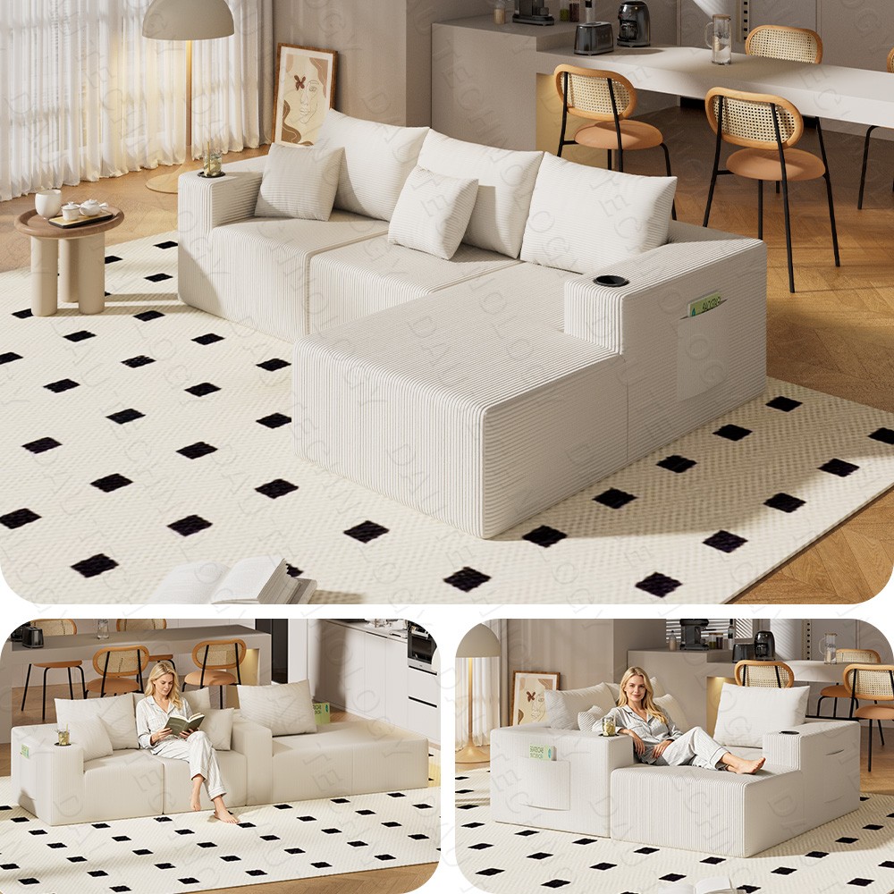 Modern Sectional Couch L-Shape Modular Sofa Three-piece Foam Corduroy Plush Soft