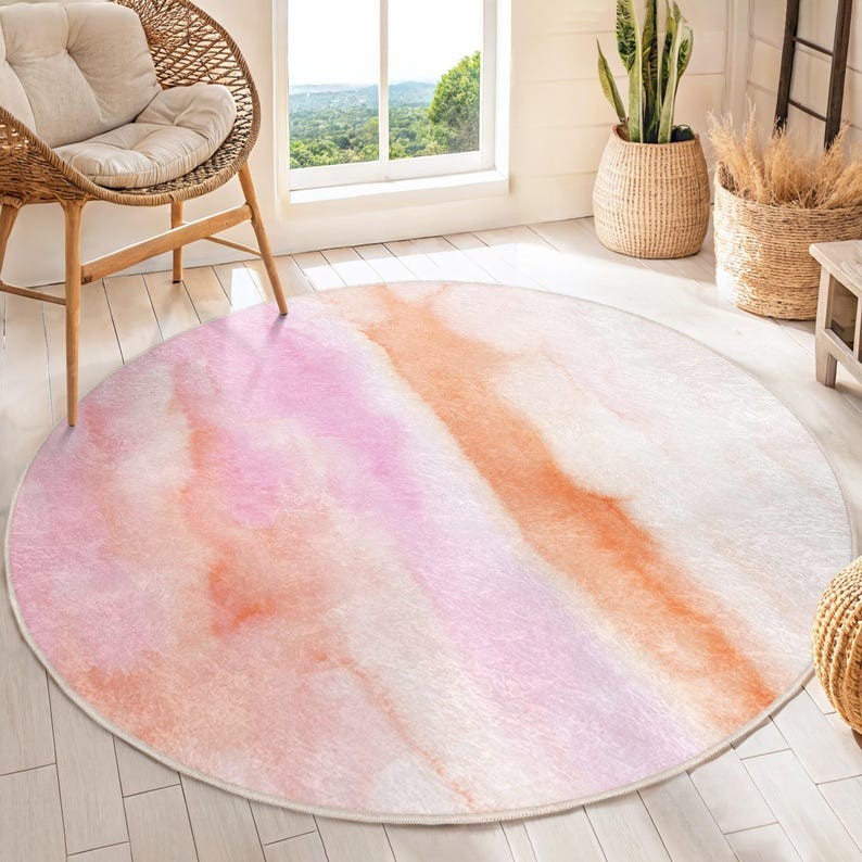 Round Rug -Bright Peach Pink Colors Circle Carpet-Boho Style Accent Rug-Color of gallery