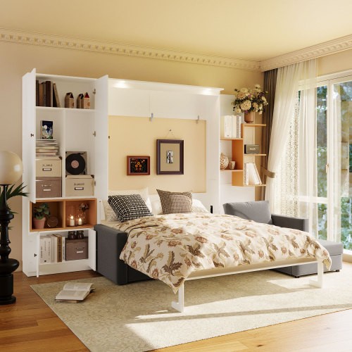 Queen Size Murphy Wall Bed with Sofa & Shelves Cabinets Saving Wood Hidden Beds gallery