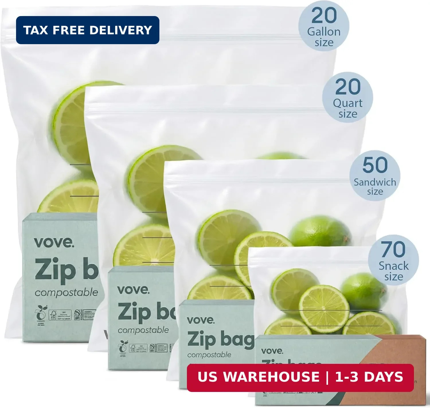 Vove Compostable Storage Bags 160 Ct Variety Pack (S/M/L/XL), Plastic-Free Zip B gallery