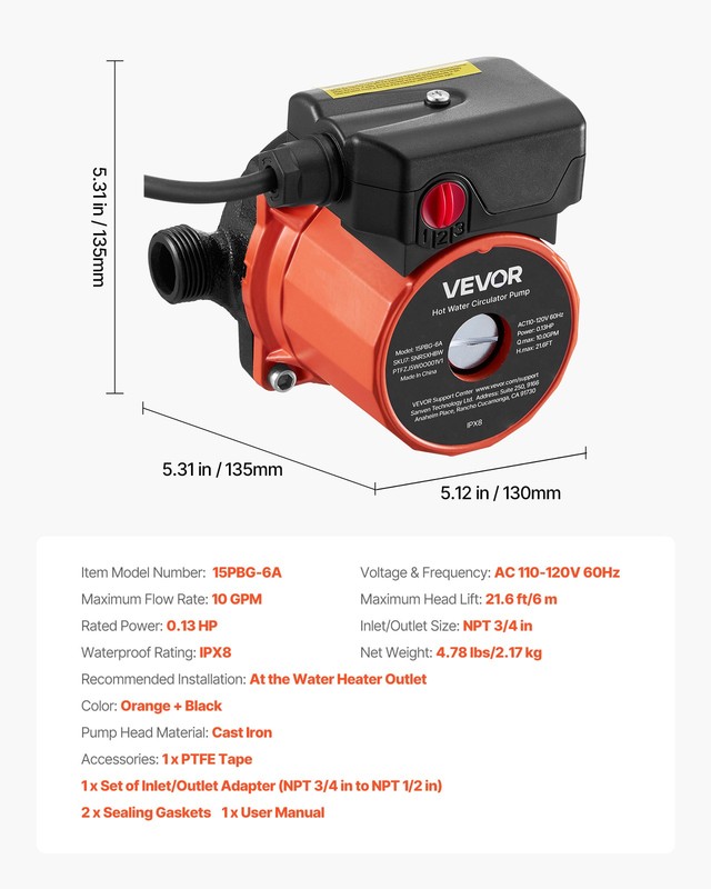 VEVOR Hot Water Recirculating Pump 10 GPM Circulation Pump 3-Speed Cast Iron gallery