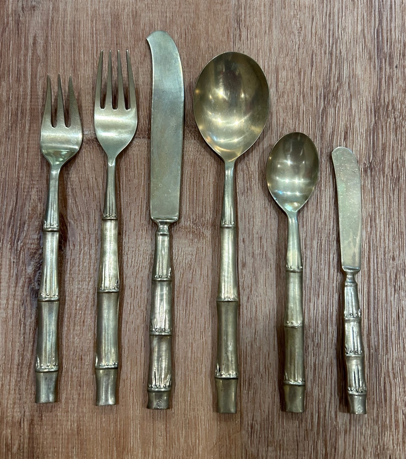 BRASS FAUX BAMBOO FLATWARE SET SIX PIECE FORGED CUTLERY gallery