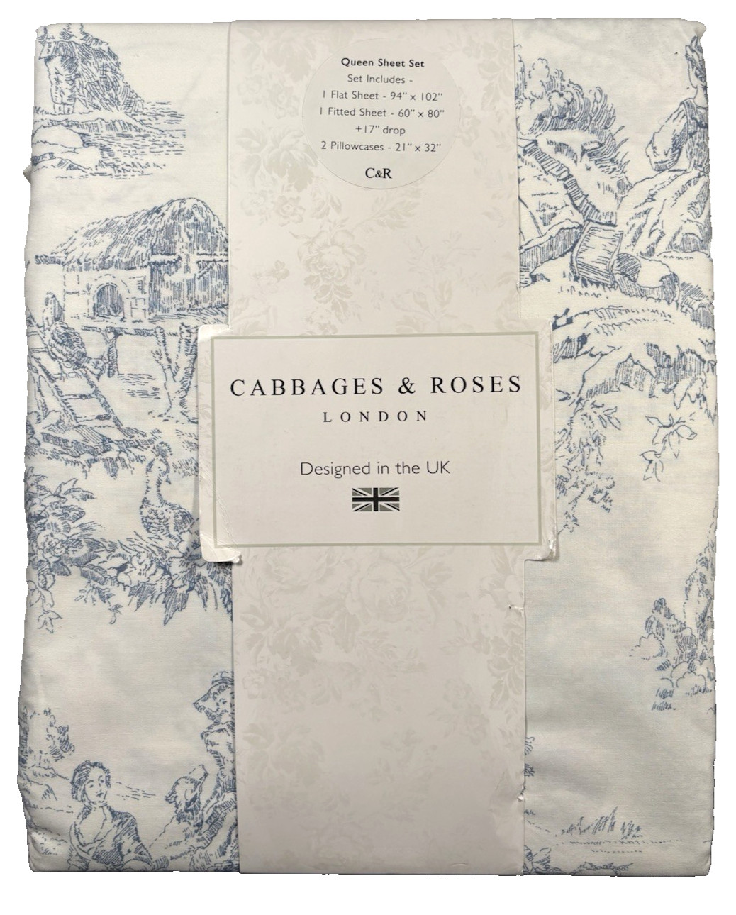 Cabbages & Roses Queen Sheet Set Country Toile Blue Cotton Percale Floral gallery