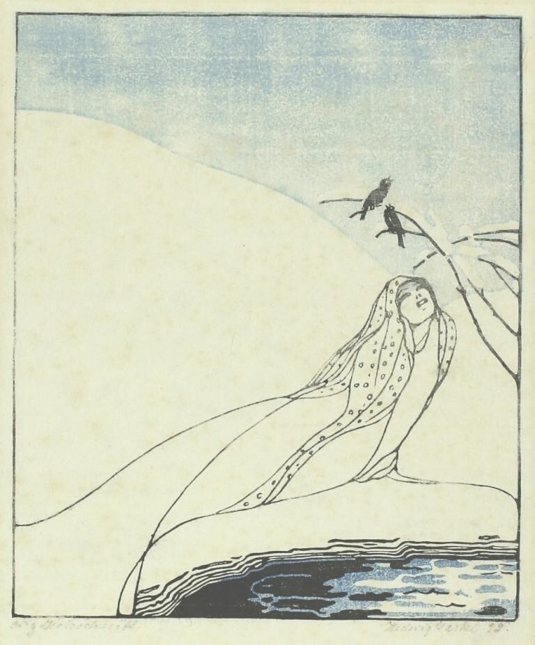 Fantasy Figure and Two Birds Woodcut Hedwig Jarke 1929 Symbolist German Print gallery