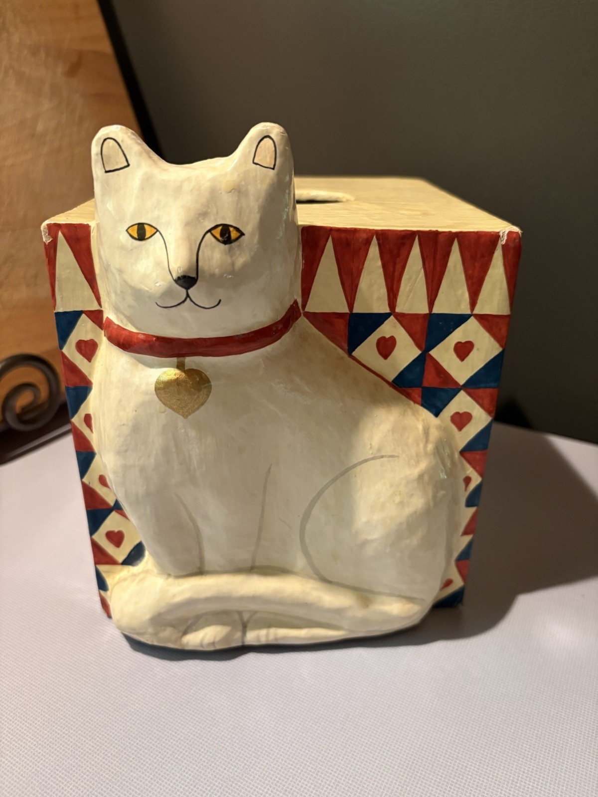 Cat Tissue Box Cover Hand Painted Whimsical Hearts Wood Composite Thailand gallery