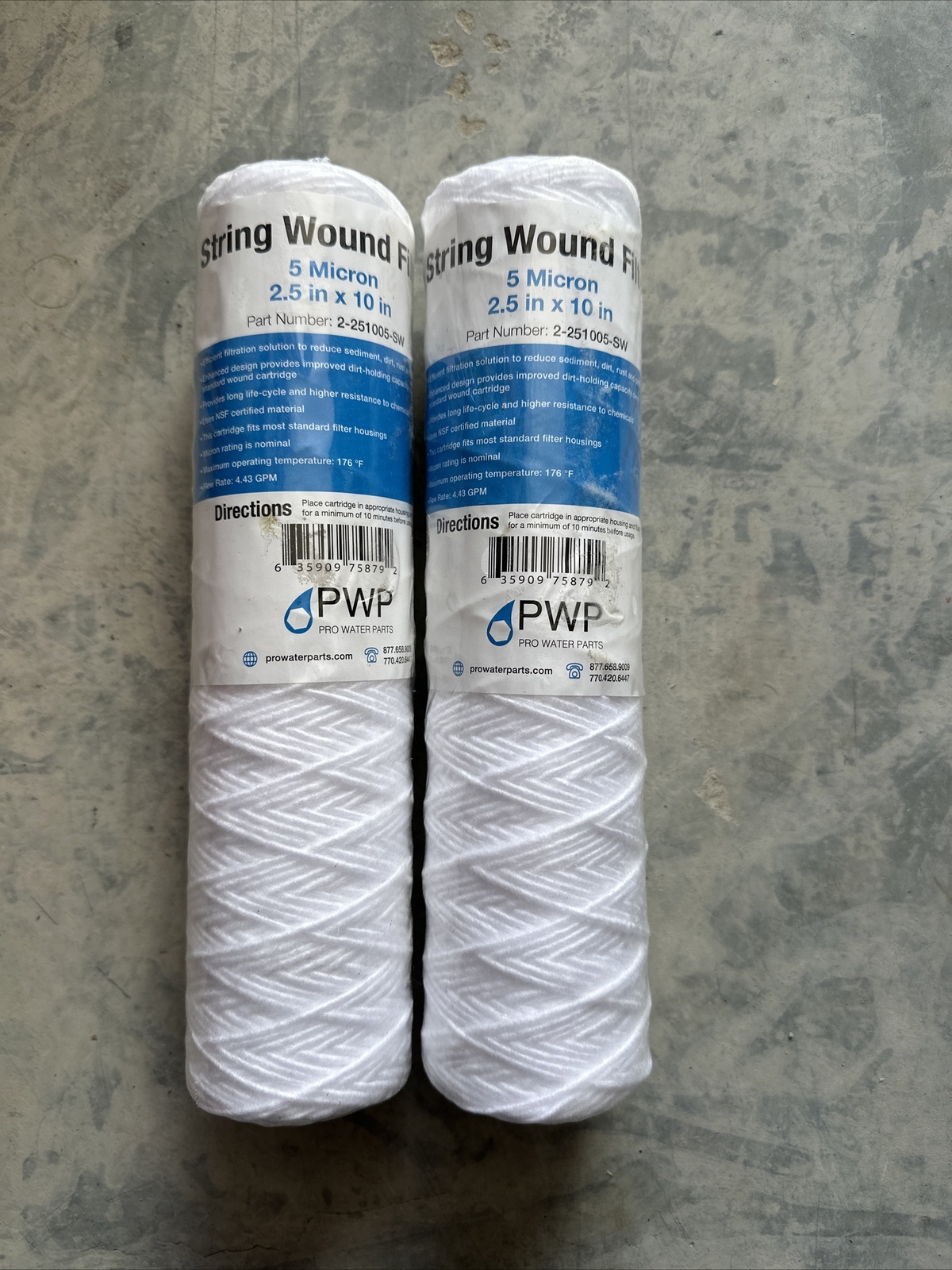 String Wound Sediment Water Filter Cartridge Standard 2.5x10" 5 Micron 2 Pack gallery