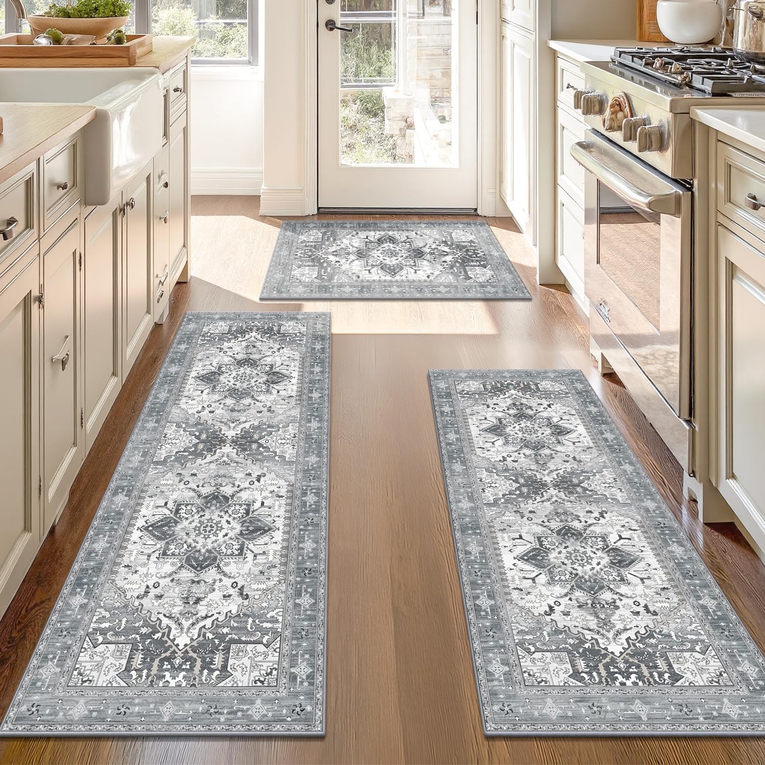 Yamaziot Boho Washable Kitchen Rugs Sets of 3, 20"x32"+20"x47"+20"x59", Grey gallery
