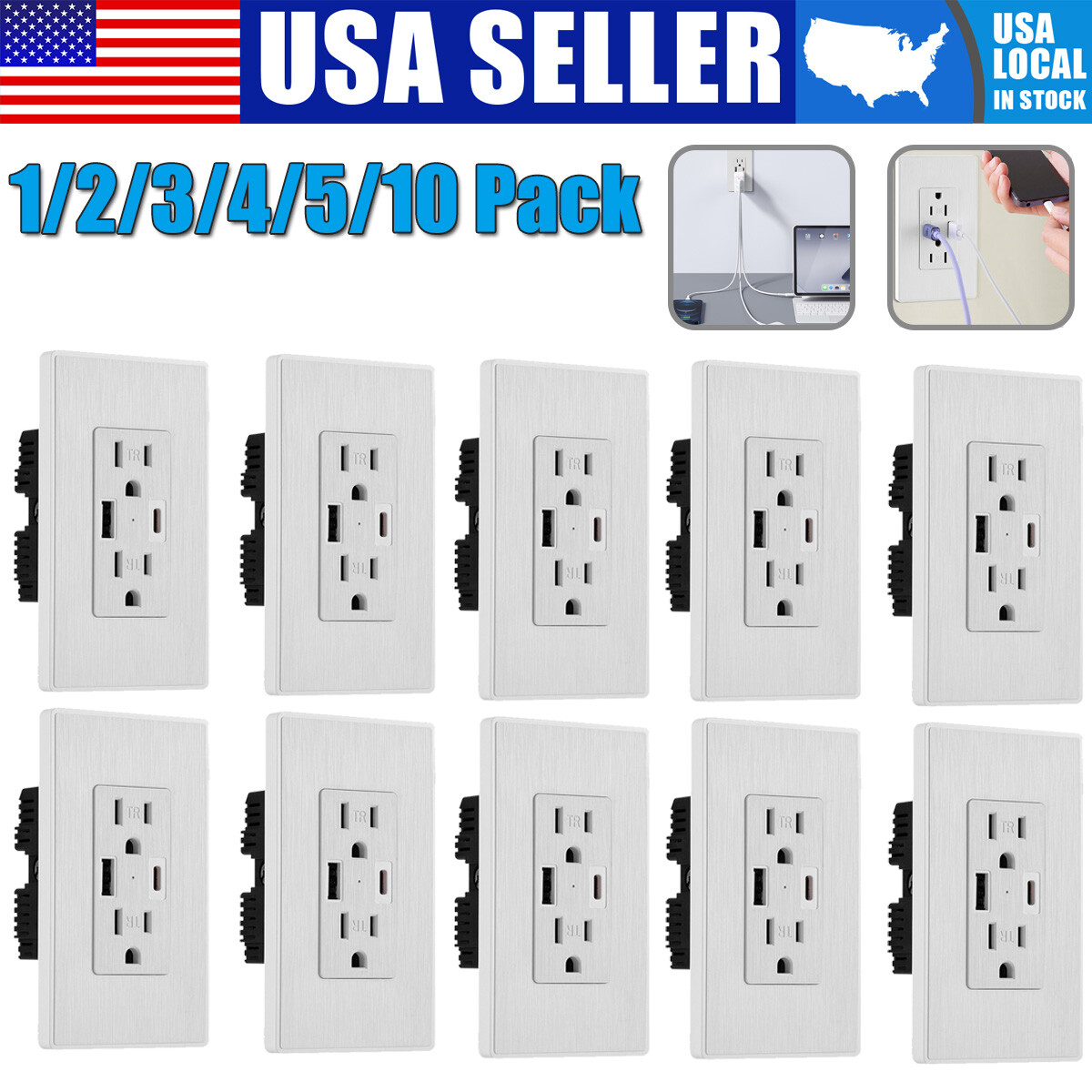 Electrical Outlet Panel Wall Socket AC Power Receptacle w/ USB-C USB-A Port Lot gallery